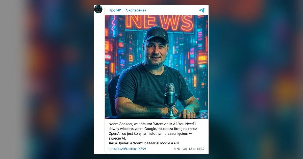 A post in the Pro AI Expertise Telegram channel about Noam Shazeer joining OpenAI that went out in Polish instead of Russian