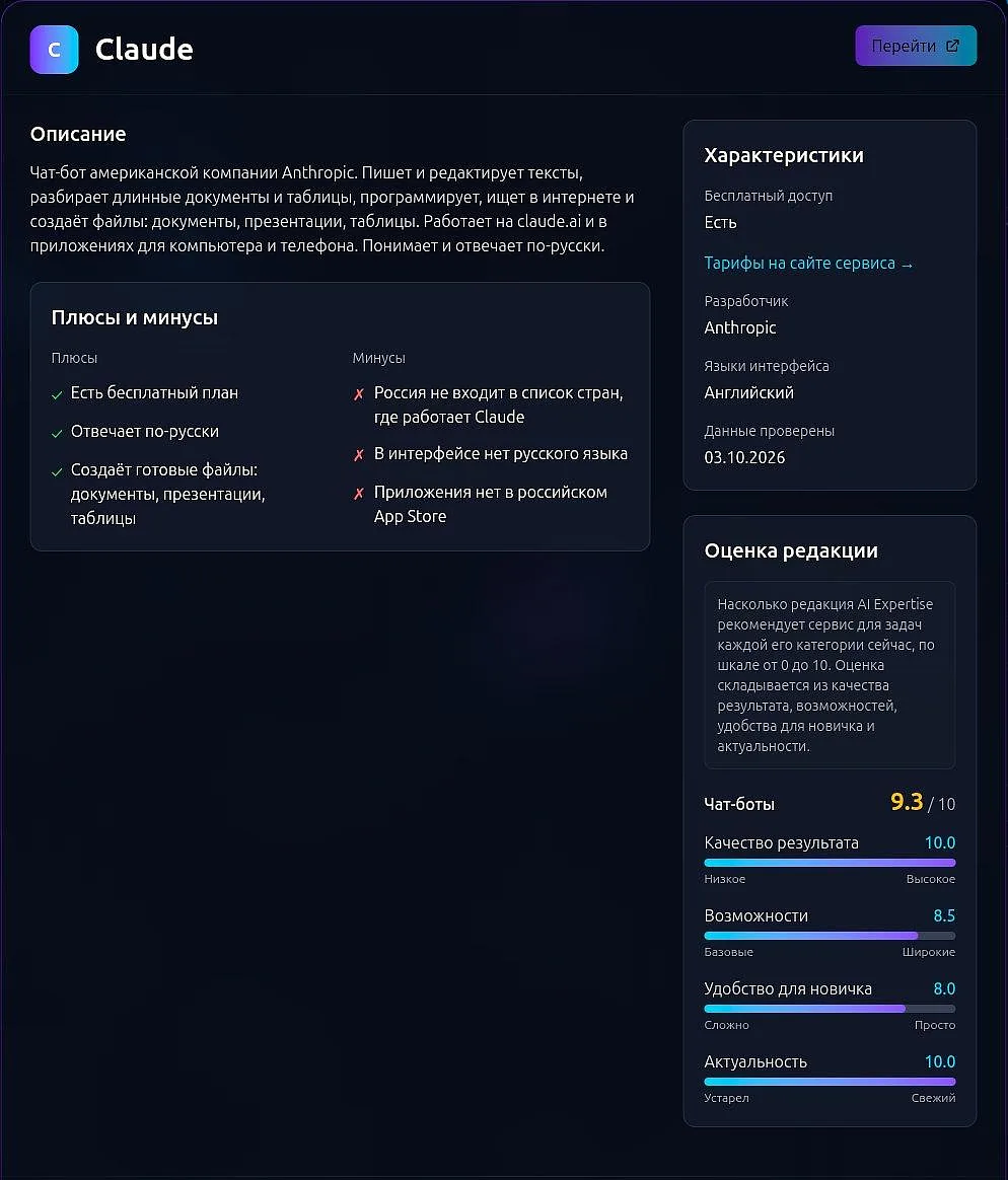 A tool page on AI Expertise: a description of verified facts and a score broken down by four criteria